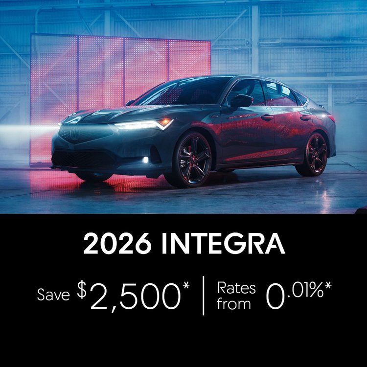 2026 Acura Integra August Offer. Photo of Acura Integra sedan parked against blue backdrop.