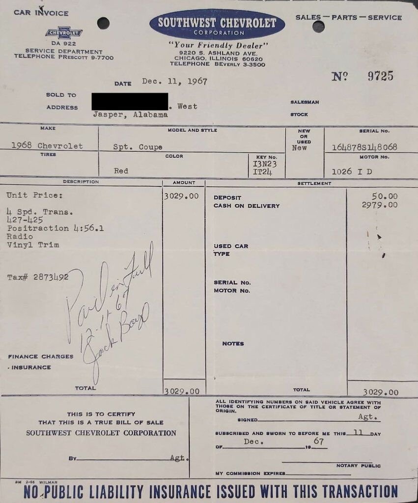 1968 Chevrolet Impala Match N# L72 427/425 4spd 4.56gear Org Bill Of Sale | PRIX EN USD Red Montreal - photo #21